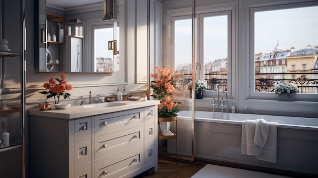 Odświeżająca prostota Jasna estetyka białej nowoczesnej łazienki z kąpielą i oknem Generatywna sztuczna inteligencja