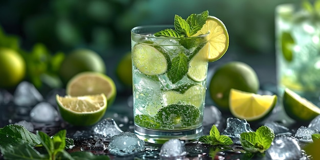 Odświeżający letni napój lodowy koktajl mojito z limonką i napojem miętowym zbliżenie na ciemnym tle z świeżymi składnikami idealne dla marketingu żywności i napojów AI