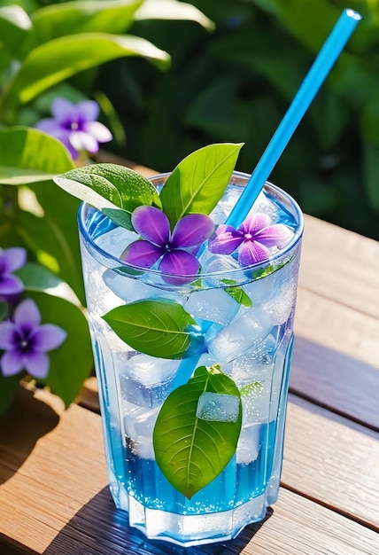 Zdjęcie odświeżający letni napój z lodem i kwiatami w ogrodzie