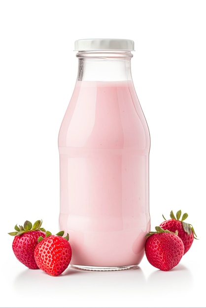 Odświeżający napoj z jogurtem mlecznym butelka probiotyczna z truskawką i mlekiem napoj izolowany na białym