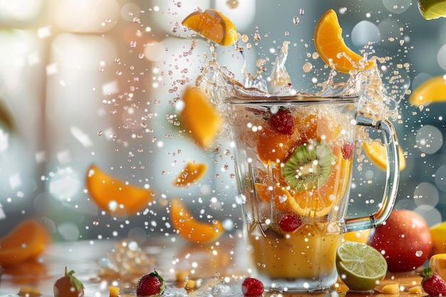 Zdjęcie odświeżający owocowy splash blender wypełniony żywą mieszanką owoców i wody wybuchającej energią
