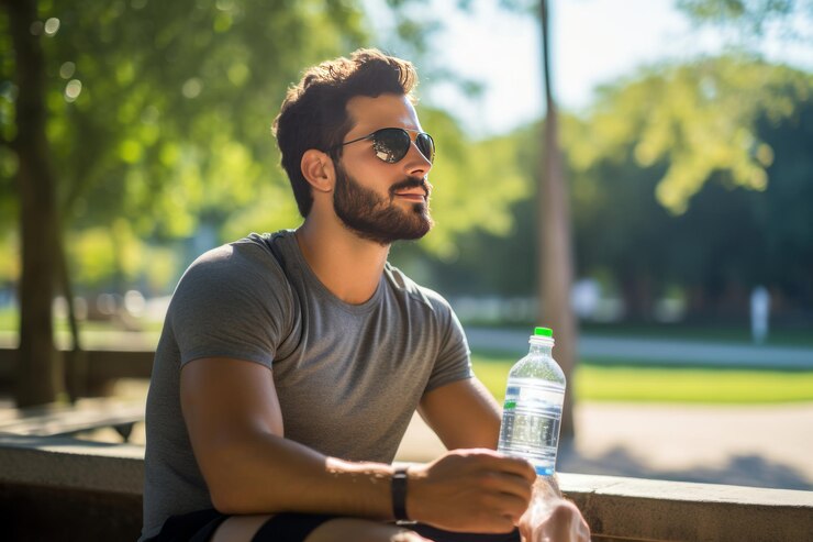 Zdjęcie odświeżający post-workout hydratacja mężczyzna odświeża się z napojem sportowym w spokojnym parku na świeżym powietrzu