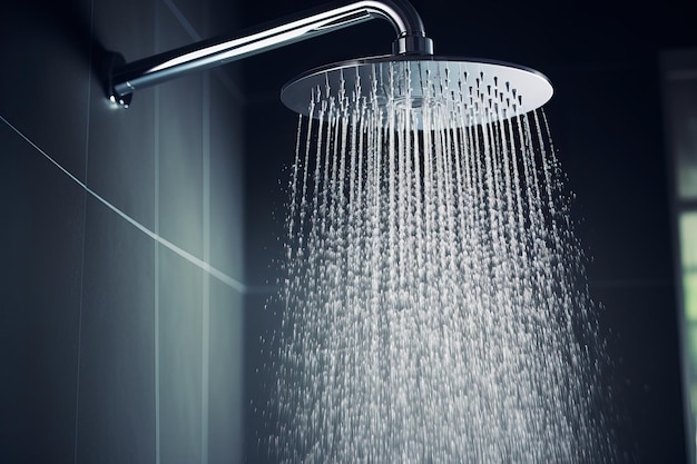 Odświeżający prysznic z rozpryskiem wody Woda płynie z głowicy prysznicowej i kranu w nowoczesnej łazience