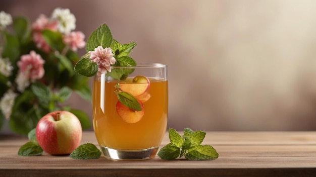Zdjęcie odświeżający sok jabłkowy w szklance ozdobiony kwiatami i liśćmi mięty na niewyraźnym tle