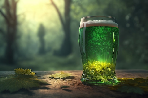 Odświeżanie trzech szklanek zielonego piwa na zewnątrz w świetle słonecznym drewna
