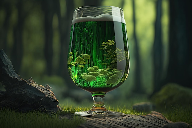 Odświeżanie trzech szklanek zielonego piwa na zewnątrz w świetle słonecznym drewna
