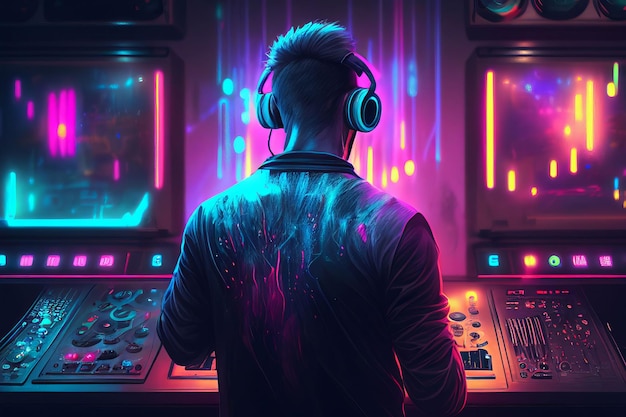 Odtwarzacz DJ-a miksujący muzykę elektroniczną na imprezie w klubie nocnym Stworzony przy użyciu technologii Generative AI