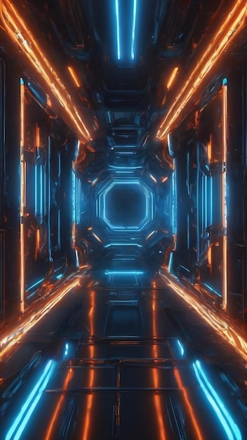 Odtwarzanie abstrakcyjnego futurystycznego tła z świecącymi neonowymi niebieskimi i pomarańczowymi światłami