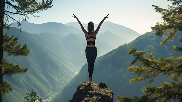 Odważna kobieta stojąca z podniesionymi ramionami w spokojnym górskim krajobrazie