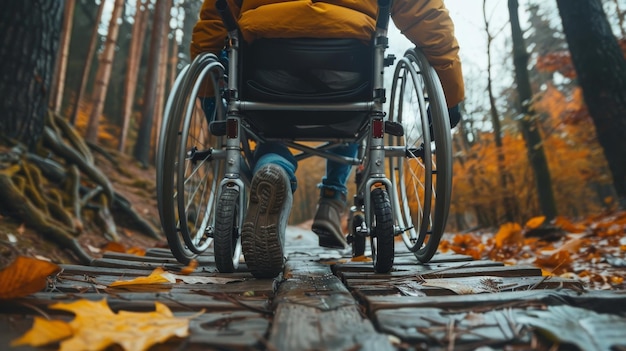 Zdjęcie odważna osoba na wózku inwalidzkim pokonująca przeszkody fizyczne z determinacją i siłą