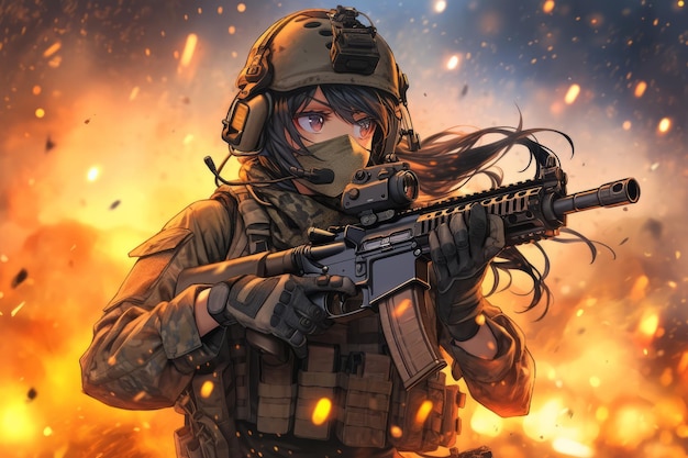 Odważna żołnierzka z karabinem w rękach, eksplozje i kurz w tle Generacyjna sztuczna inteligencja