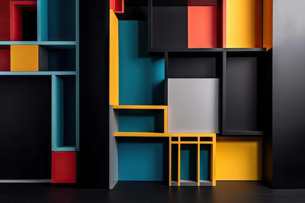 Odważne kolorowe bloki w minimalistycznej przestrzeni z czarnym tłem stworzone za pomocą generatywnej sztucznej inteligencji