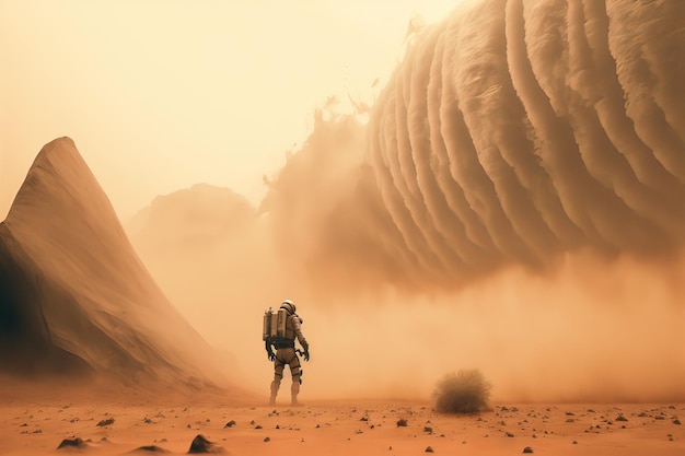 Odważny astronauta w skafandrze kosmicznym Odkrywcy Czerwona planeta Mars pokryty mgłą Przygoda Podróże kosmiczne Świat nadający się do zamieszkania i koncepcja kolonizacji Generacyjna sztuczna inteligencja