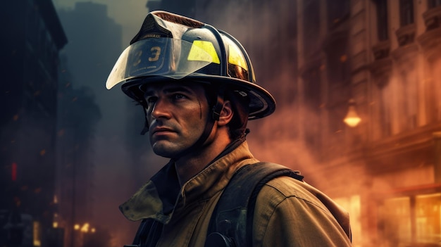 Odważny strażak na tle płonącego budynku Portret ratownika
