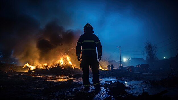 Odważny strażak stoi na miejscu pożaru widok szerokiego kąta