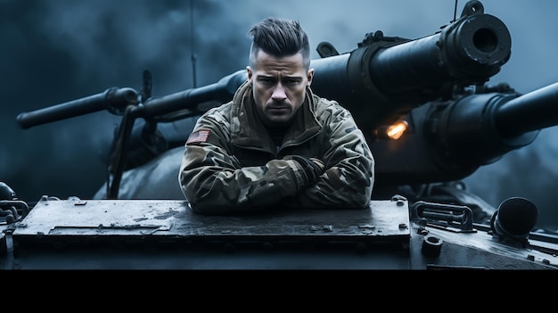 Zdjęcie odważny żołnierz stoi z dumą przed ogromnym czołgiem.