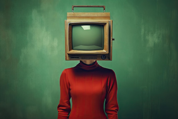 Odwrócony telewizor na głowie osoby w stylu vintage atmosfera ciemnozielona i czerwona Generative AI