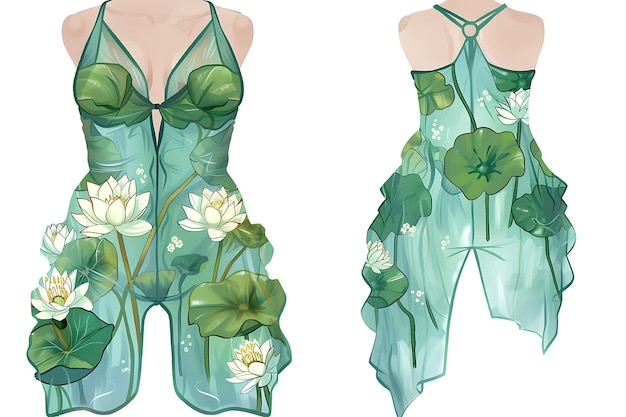 Odzież 2D Playsuit z ręcznie malowanymi motywami lilii wodnej Floatin Fashion Concept Idea Art Design