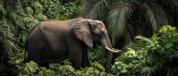 Zdjęcie odzież safari dla słoni wdzięczny olbrzym wdzięcznie porusza się przez gęste liście fotografia oświetlenie tylne winieta widok boczny