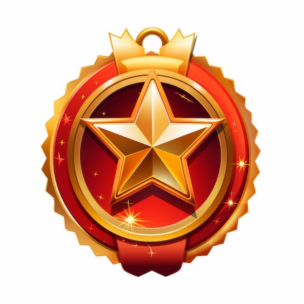 Zdjęcie odznaka złota gwiazda z czerwoną wstążką i złotą gwiazdą na białym tle