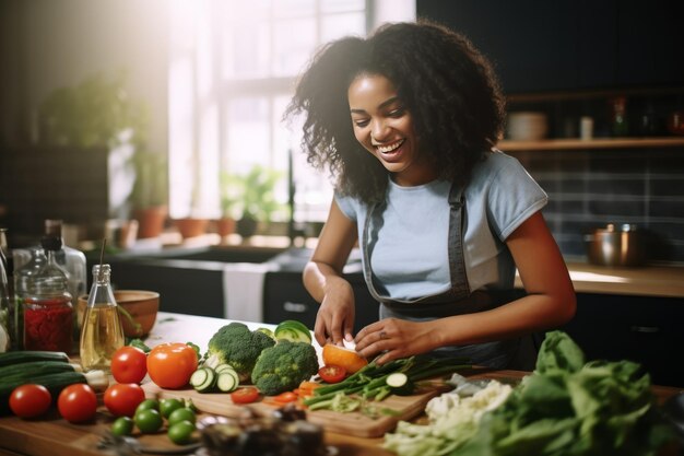 Odżywcze rozkosze Szczęśliwa czarna dziewczynka cieszy się gotowaniem ze składnikami GardenFresh