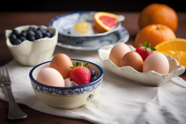 Odżywcze śniadanie z świeżymi owocami i jajami stworzonymi z generatywnych ai