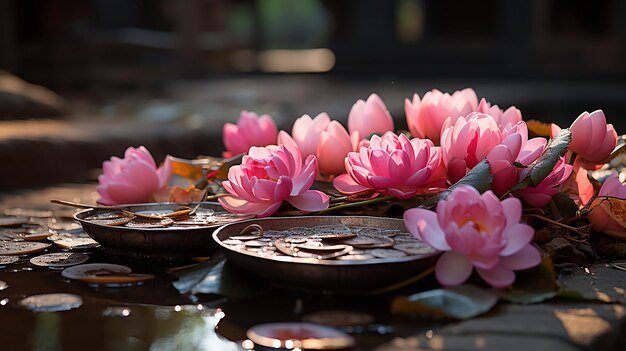 Zdjęcie ofiara świeżych kwiatów lotosu w świątyni buddy