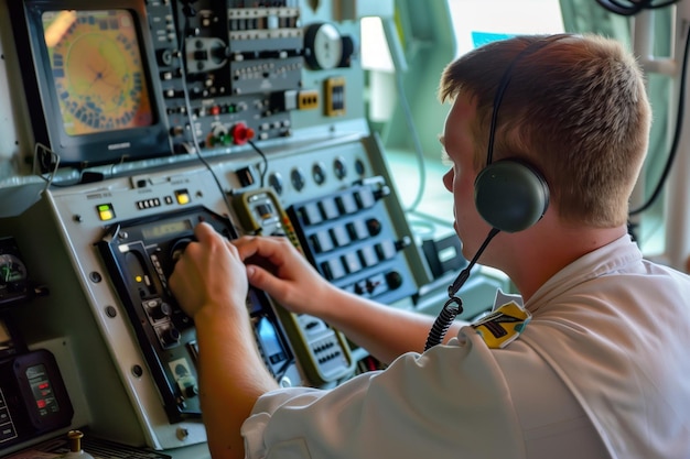 Zdjęcie oficer łączności na mostku obsługujący system radiowy statku