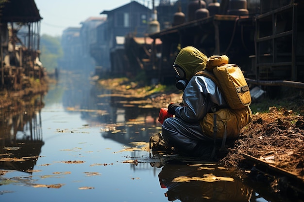 Zdjęcie oficer ochrony środowiska w garniturze ochronnym biorący próbki z rzeki z niewyraźnym tłem fabrycznym