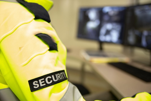 Oficer ochrony w żółtej kurtce siedzi w biurze przed komputerem