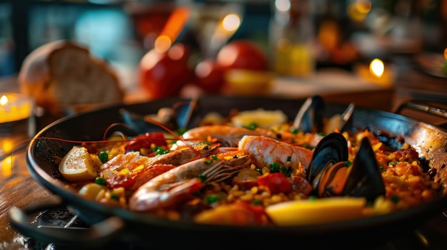 Ofruty morza i chorizo paella w barze z tapasami