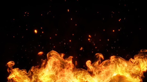 Ogień 3D i płonące węgle świecące ogniem świecące cząstki na czarnym tle