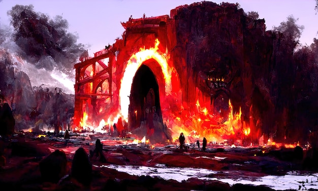 Ogień czyśćcowy w piekle Tłum grzesznych ludzi płonie w piekle w ogniu piekielnym Brama do piekielnego podziemia Diabły, demony i ghule dręczą grzesznych ludzi ilustracja 3d