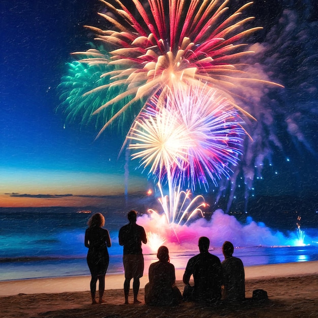 Zdjęcie ogień fajerwerkowy na plaży, a ludzie patrzą na kolorowe tło