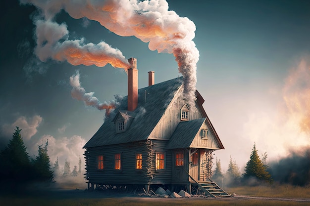 Ogień i dym latający z drewnianego płonącego domu z kominem