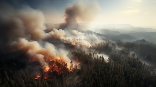 Ogień i dym w lesie, widok z powietrza