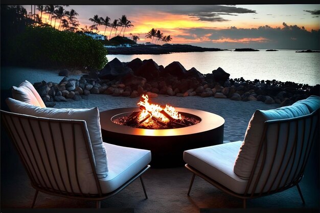 ogień i krzesła nad morzem wieczorem