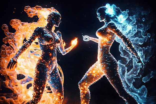 Zdjęcie ogień i woda w postaci walczących ludzi symbol yin yang sieć neuronowa ai generowana