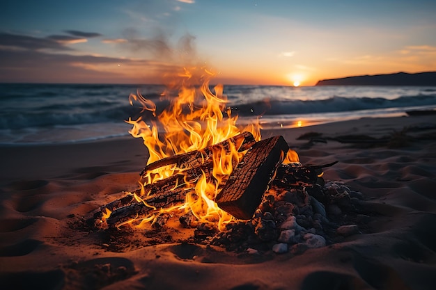 Ogień na plaży o zachodzie słońca Kemping na plaży