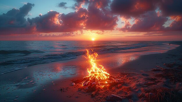 ogień na plaży o zachodzie słońca