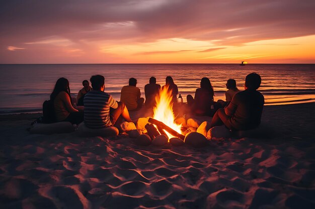Zdjęcie ogień na plaży z ludźmi pieczącymi melony
