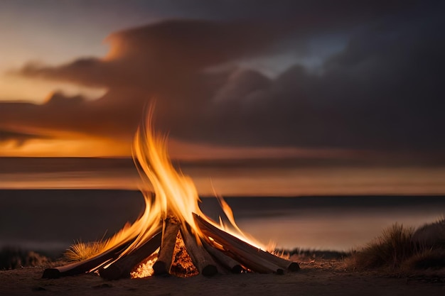 Ogień na plaży z zachodem słońca w tle.
