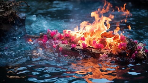 Ogień na rzece z różowymi kwiatami