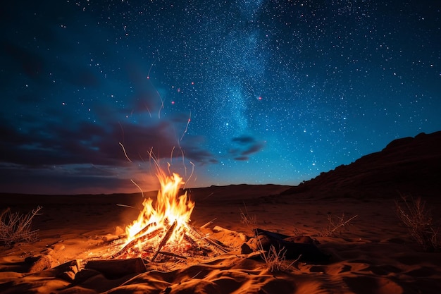Ogień obozowy pod gwiezdnym niebem na pustyni Sahary Ogień obozu w kamiennym ognisku na pustyni Ai wygenerował