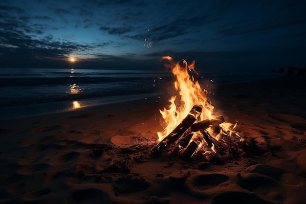 Ogień płonący na księżycowej plaży