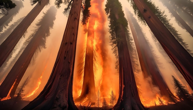 Zdjęcie ogień płonie przez drzewa lasu.
