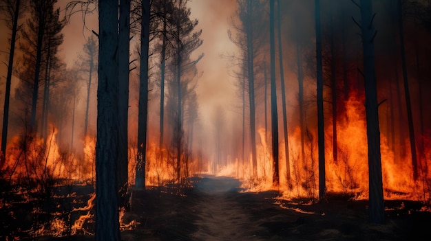 Ogień płonie w lesie ze słowem ogień po lewej stronie.