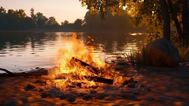 Zdjęcie ogień rozpalony na brzegu rzeki odbijał się w wodzie