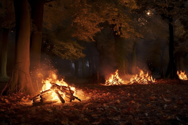 Zdjęcie ogień rzucający migoczące światło na pobliskie drzewa