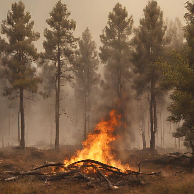 Zdjęcie ogień w lesie z lasem na tle